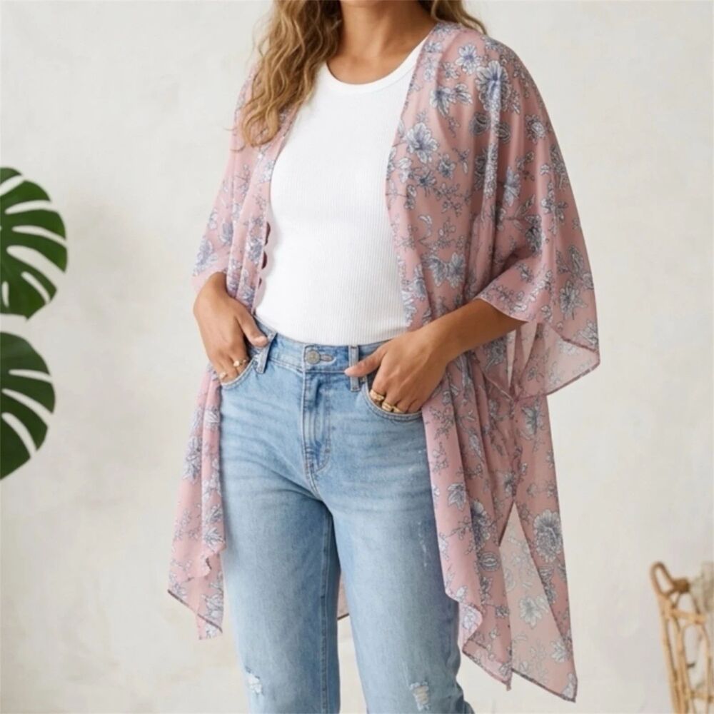 Emory Park Kimono Womens One Size Sheer Floral Boho Open Front Fairy Cottage